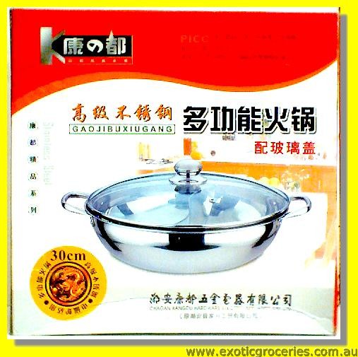 Stainless Steel Divided Hot Pot with Glass Lid 30cm