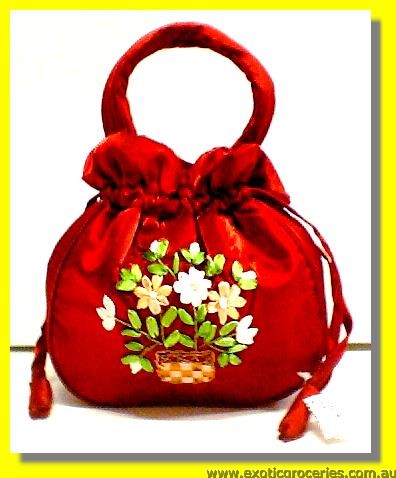 Chinese Red Embroidery Floral Hangbag 10\" H