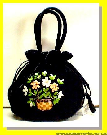Chinese Black Embroidery Floral Hangbag 10\" H
