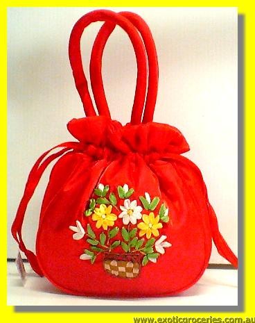 Chinese Embroidery Red Floral Handbag 10"H